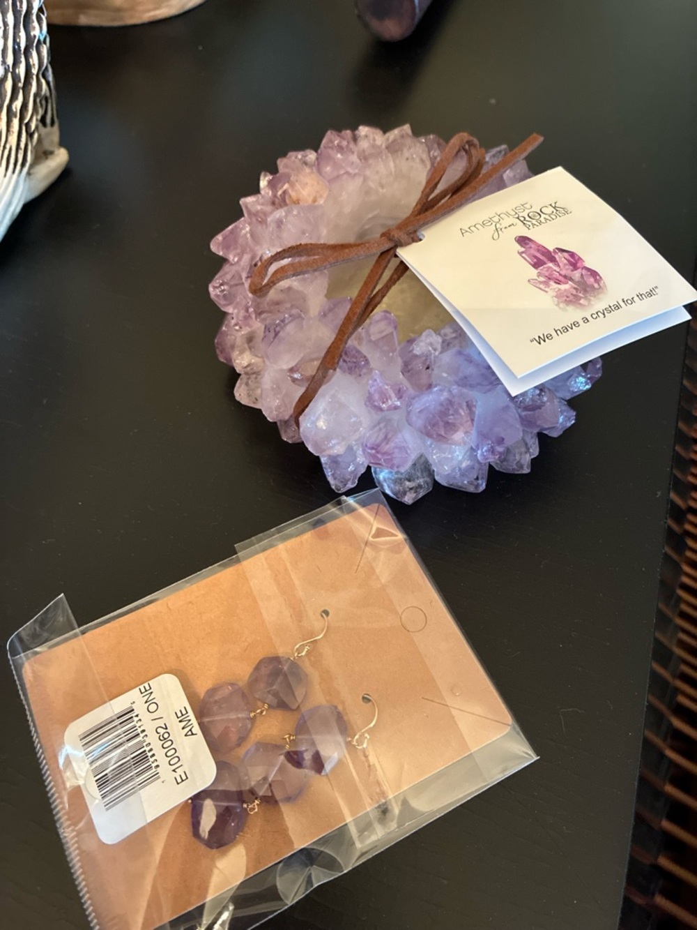 Amethyst Crystal Cluster Decoration with Purple Gemstone Earrings